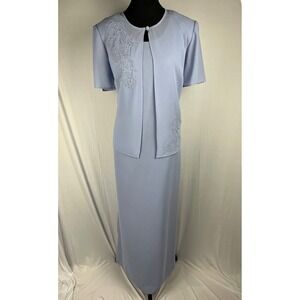 Vtg 90s Y2K 2 Piece Dress Set Blue Beaded Bolero Maxi Dress Side Slits‎ Size 10